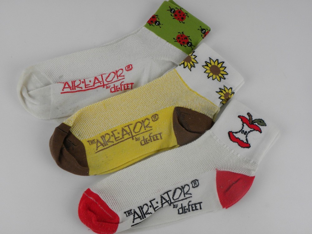 3 Pair DeFeet Aireator Apple, Lady Bug, Sunflower Large- Preowned