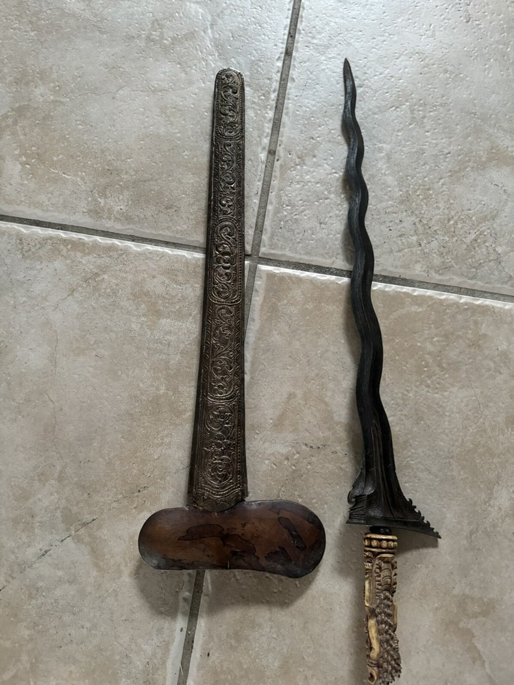 Antique 19th Century Kris Javanese  Asymmetrical Dagger Carved Handle