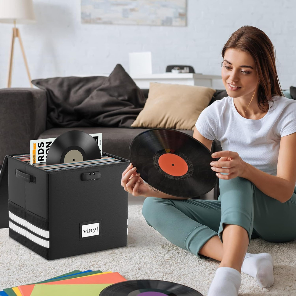 Vinyl Record Storage Box with Lock, Fireproof Waterproof Resistant Organizer