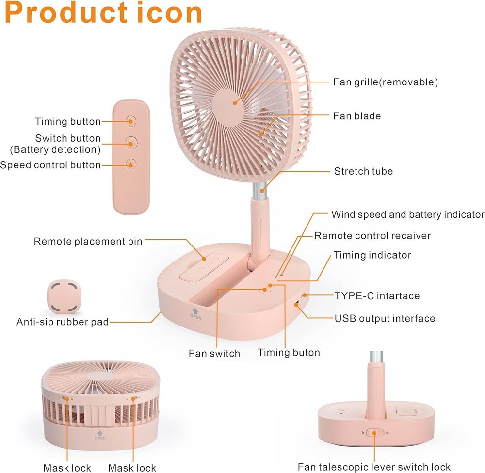 Foldable Desk Fan,Rechargeable Battery,Remote Control Retractable 4 Speed Silent
