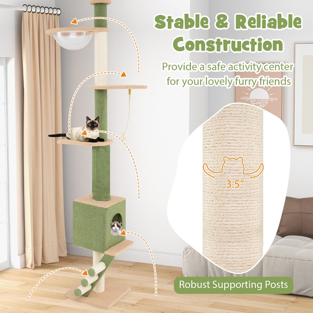 Floor to Ceiling Cat Tree w/ 86"-99.5" Adjustable Height Space Capsule Condo