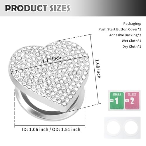 Heart Car Push Start Button Cover with Rhinestone Design,Sparkling Engine White