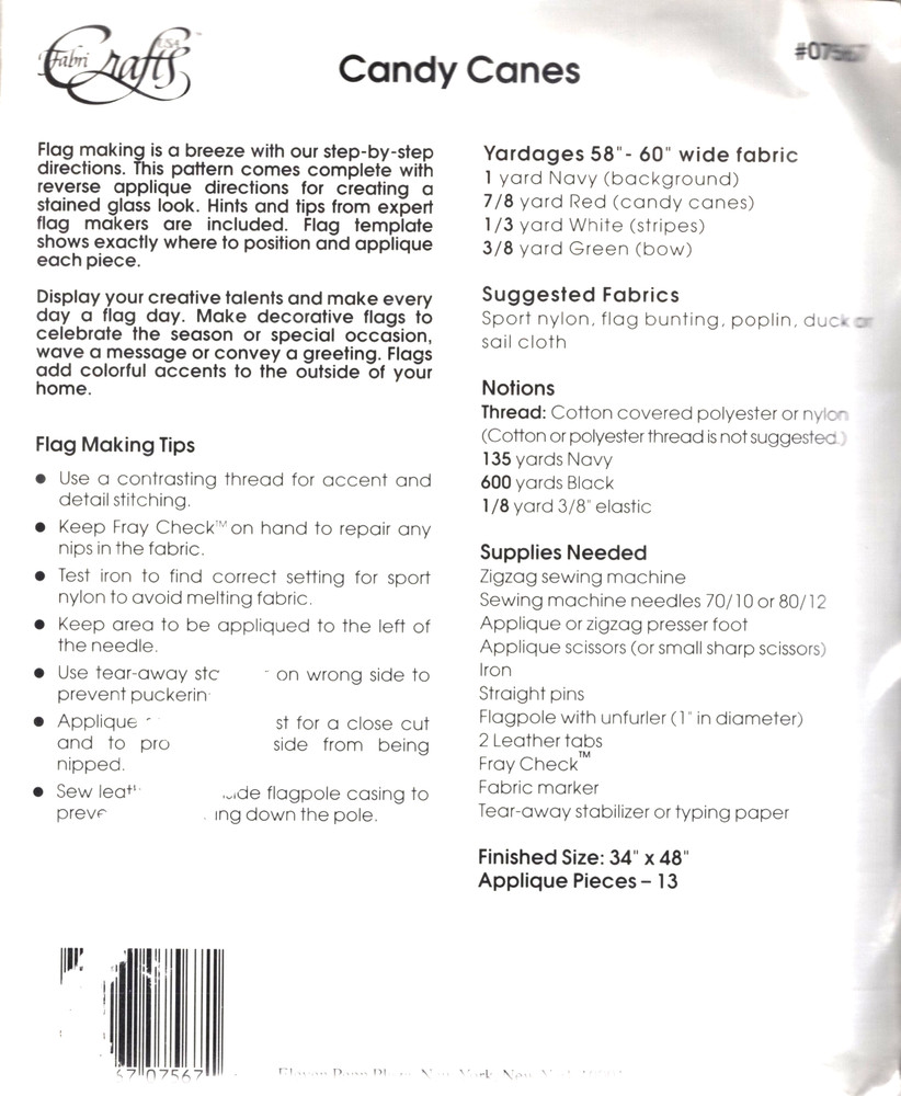 CANDY CANES Flag FabriCraft Sewing Pattern 07567