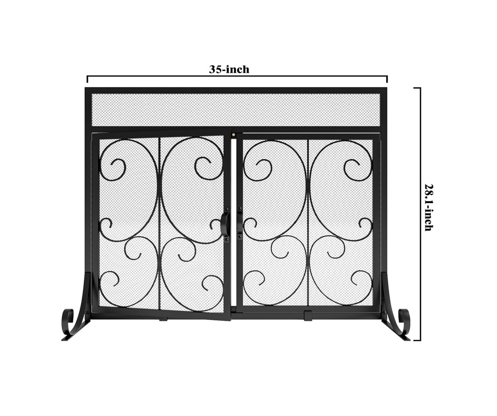 Flat Fireplace Screen with Doors,Solid Wrought Iron Frame with Metal Mesh, Fl...