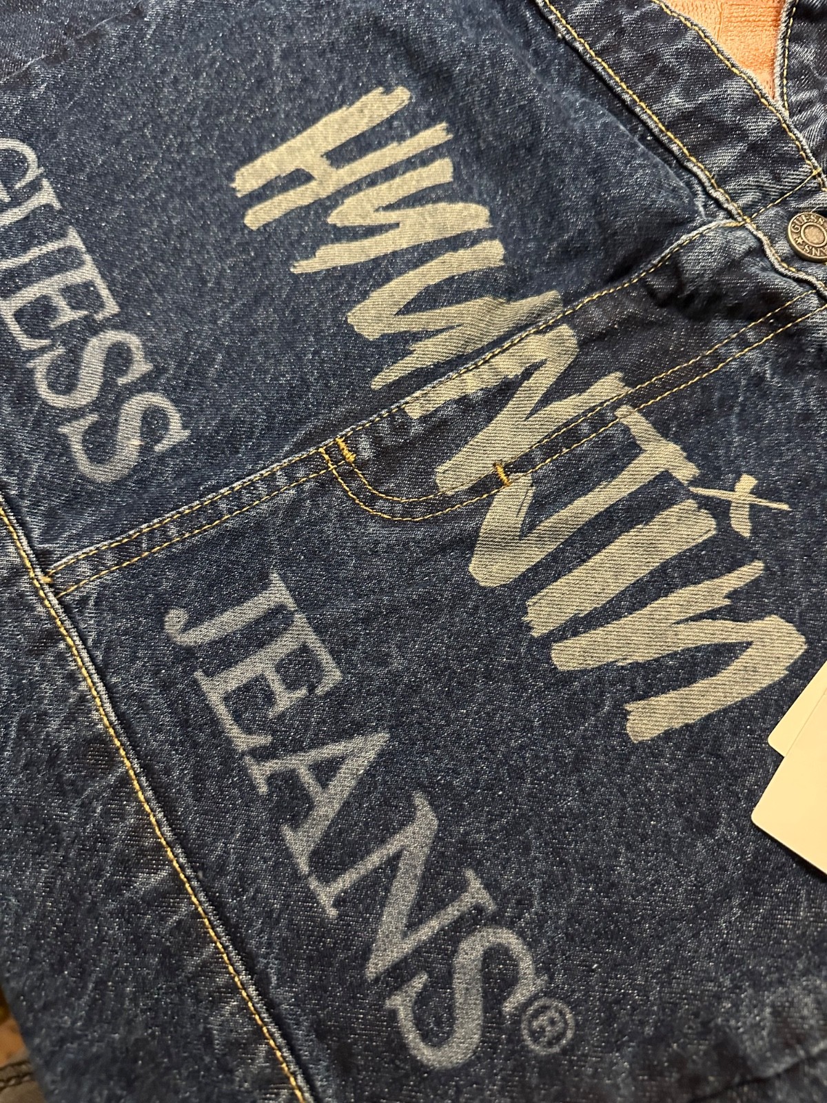 hyunjin x guess jeans tote bag engraving on the front and on the back pocket