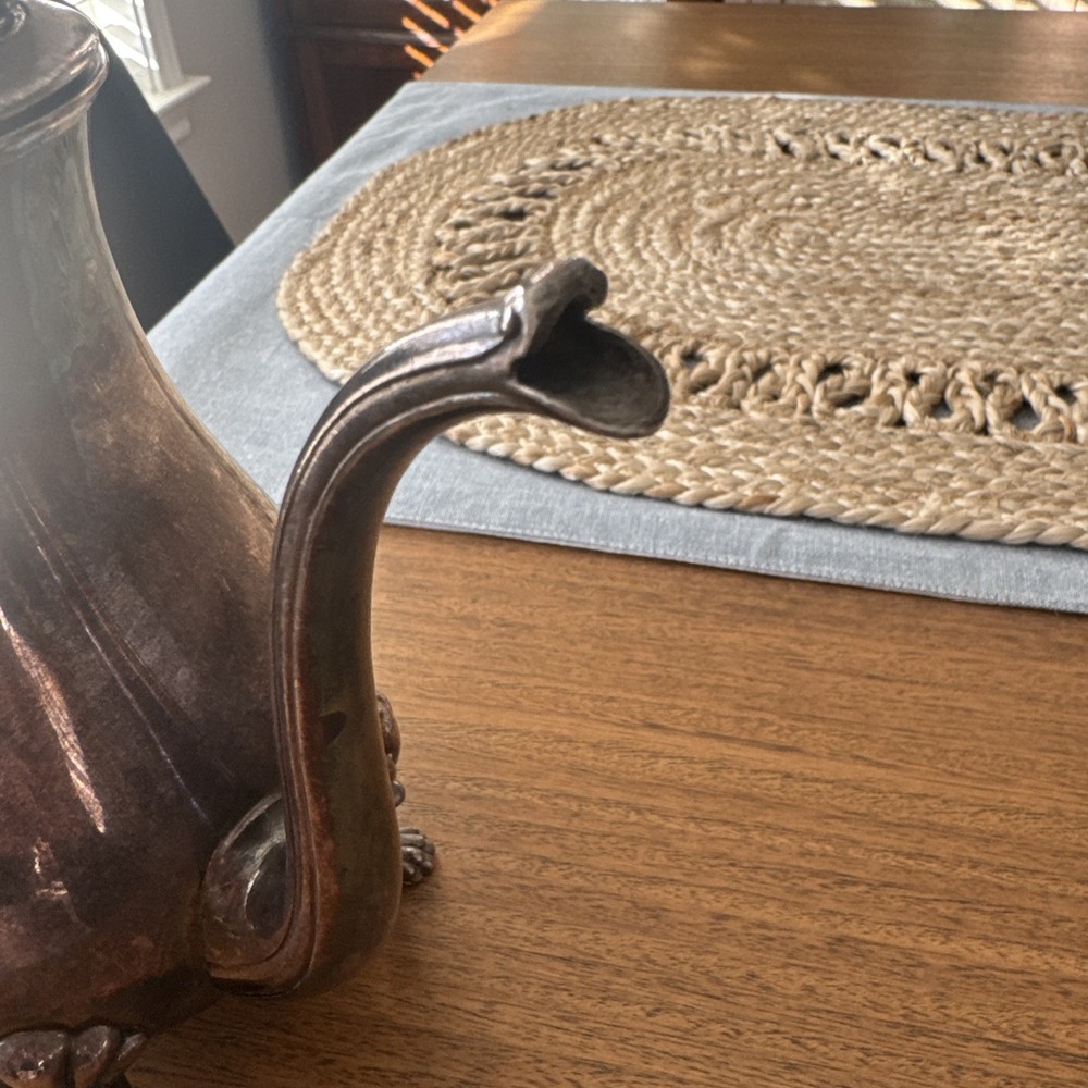 Vintage Antique Crescent Silver Plate Footed Teapot 10” Lid Handle