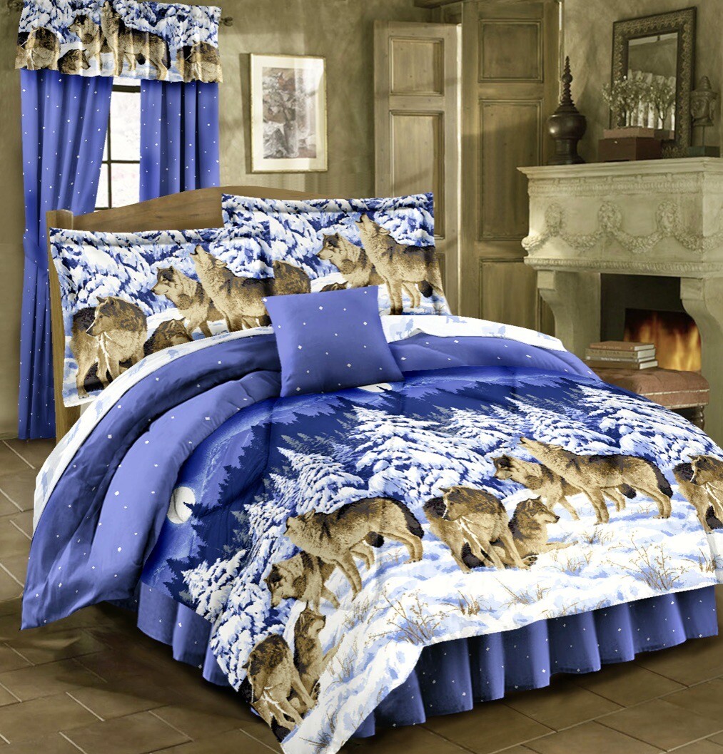 MIDNIGHT WOLVES Bed In Bag Howling Pack Wolf Bedding Blue Comforter & Sheet Set