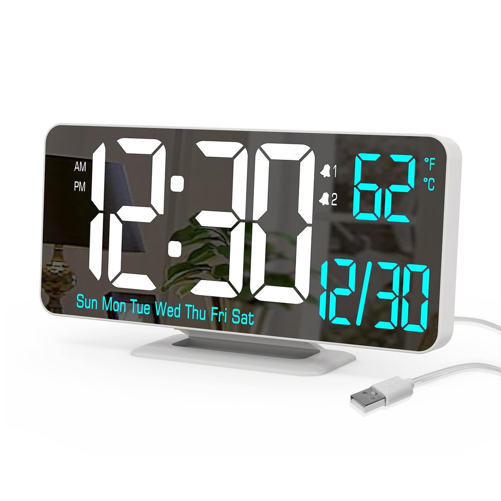 KOSUMOSU Digital LED Clocks for Large, White Clock(white + Blue Digits)