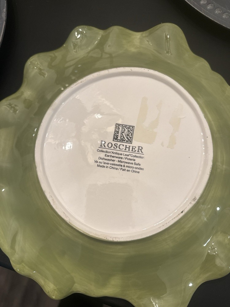 "Roscher Leaf Collection" and that it's microwave & dishwasher safe.