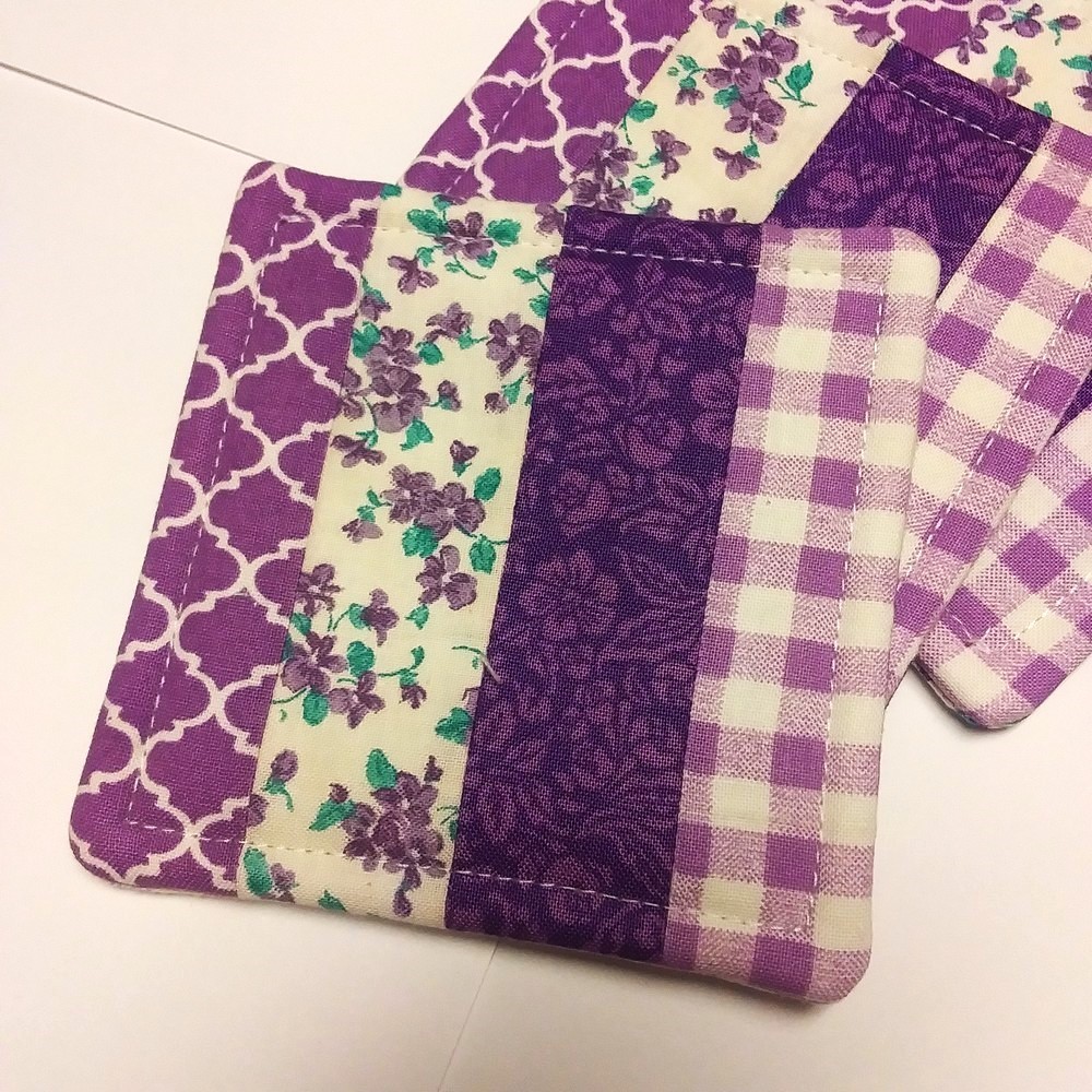 PURPLE PASSION 5pc Handmade Reversible Patchwork Coasters w/Holder & Button