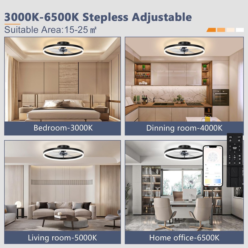 20" Modern Fan Lights Flush Mount LED Ceiling Light kit With APP Remote Control