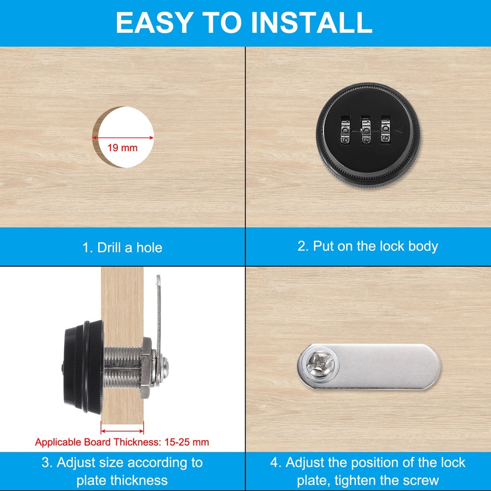 2Pcs 1-1/8" Combination Cam Lock File Cabinet Locks 0.6-1" Thick Silver