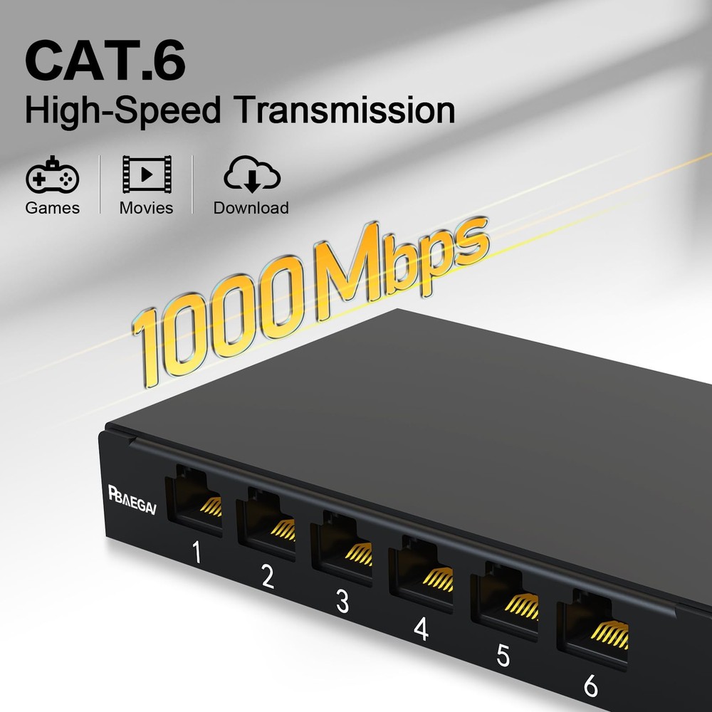 Patch Panel 6 Port 0.5U Inline Cat6 Keystone Jack 10 Inch Unshielded Support