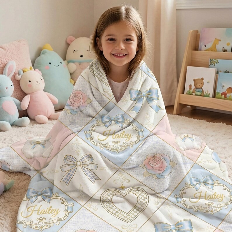 Personalized Cute Easter Bow Flower Blanket Custom Gift for