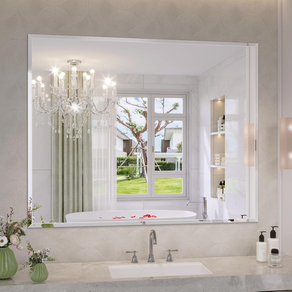 Beveled Frameless Bathroom Mirror 40"x32" - Modern Rectangle Design, Versatile U