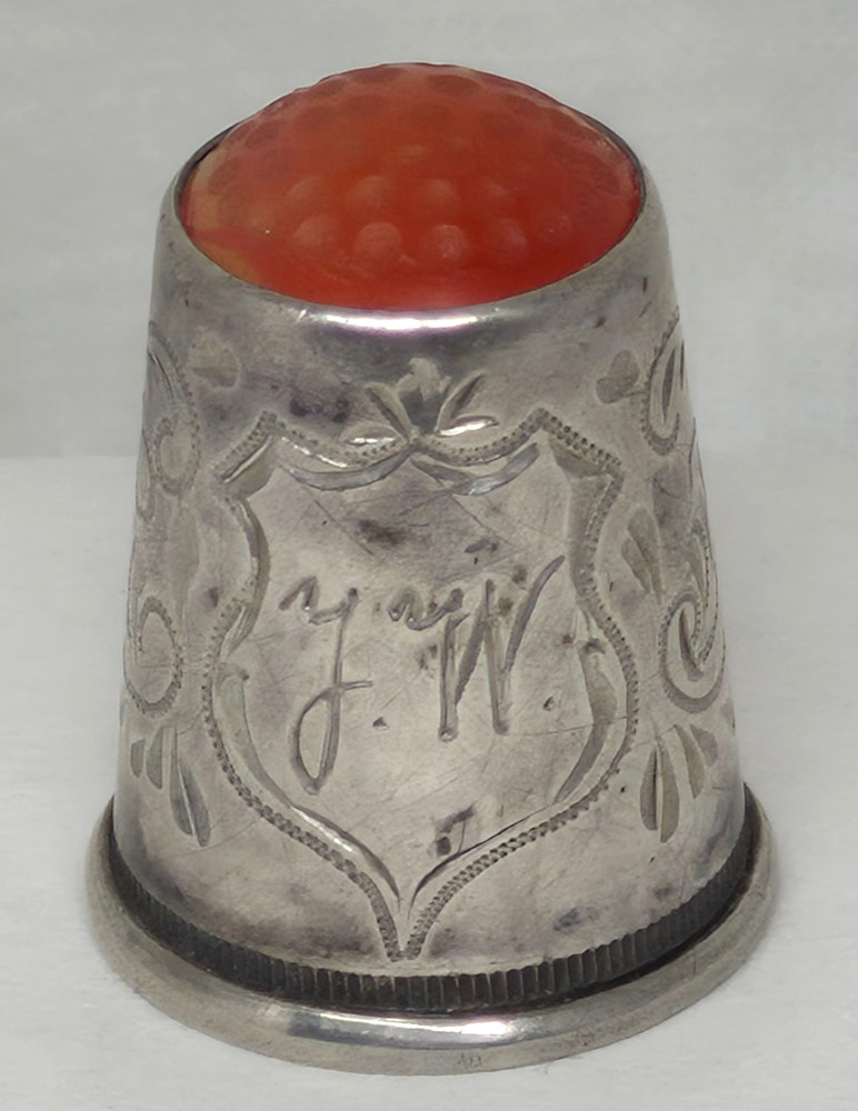 Antique Silverplate  Engraved Red Stone Top Thimble with Initials Y. W.