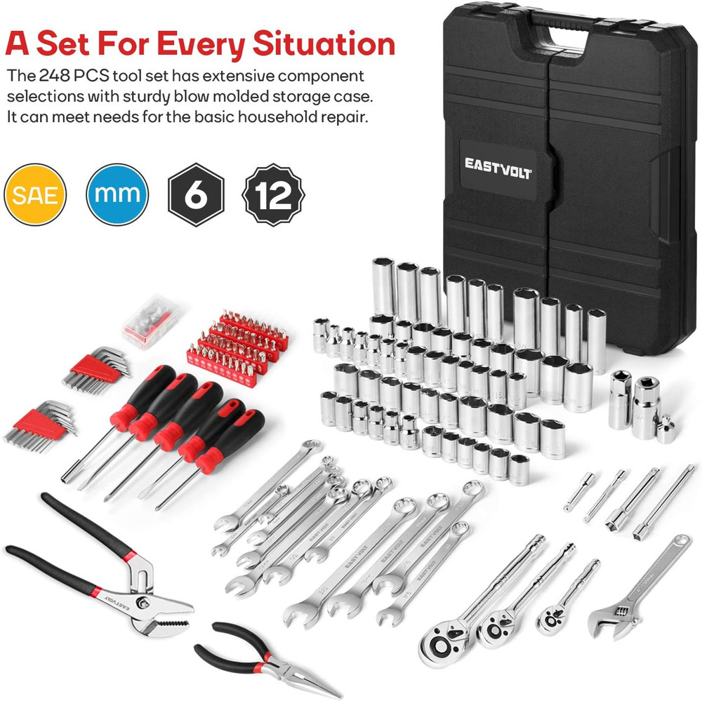 248 Pieces Mechanics Tool Set, General Purpose Mixed Sockets and Wrenches, Hand