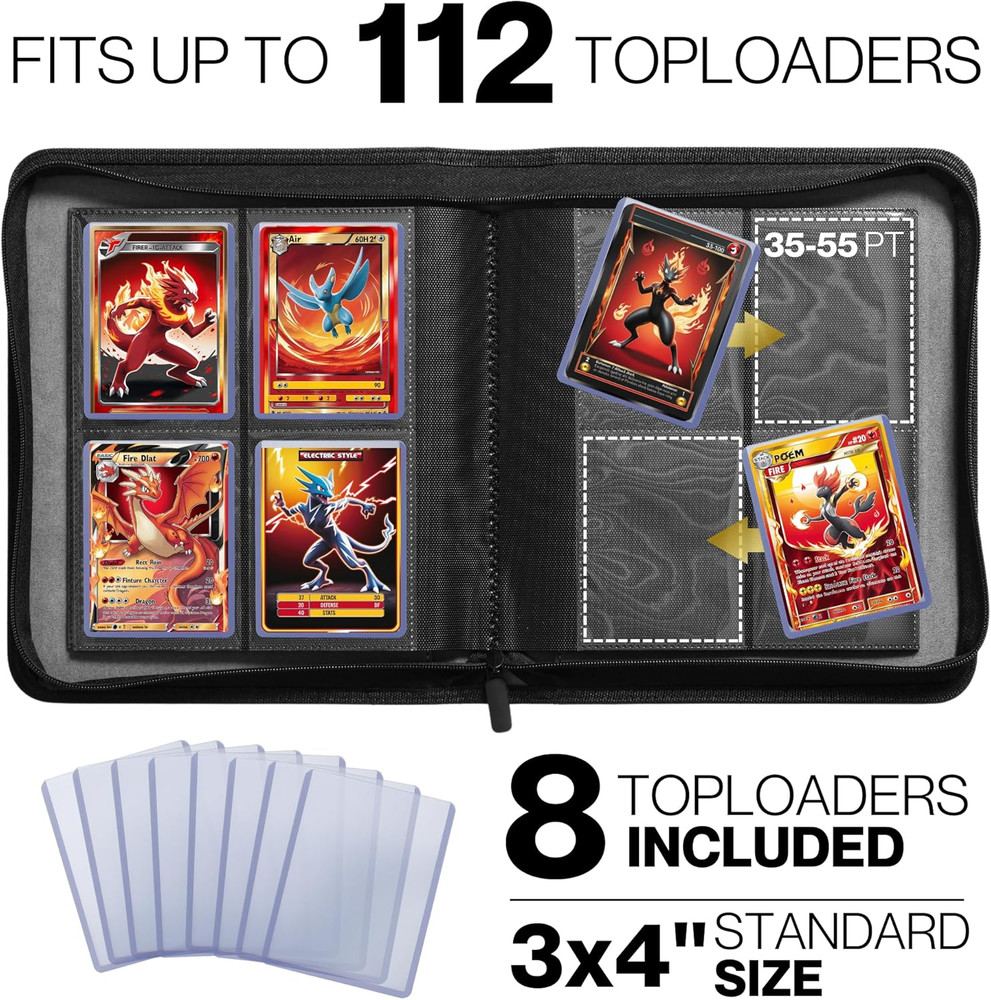 4 Pocket Toploader Binder, Holds 112 Top Loaders, 8 INCLUDED, Waterproof PU Leat