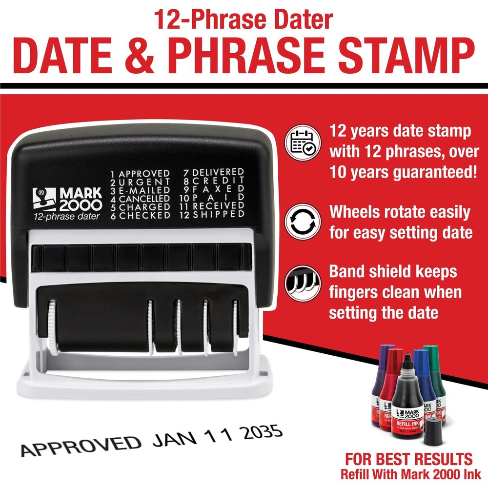 12Phrase Dater Date And Phrase SelfInking Office Stamp Blue Ink Message Tool
