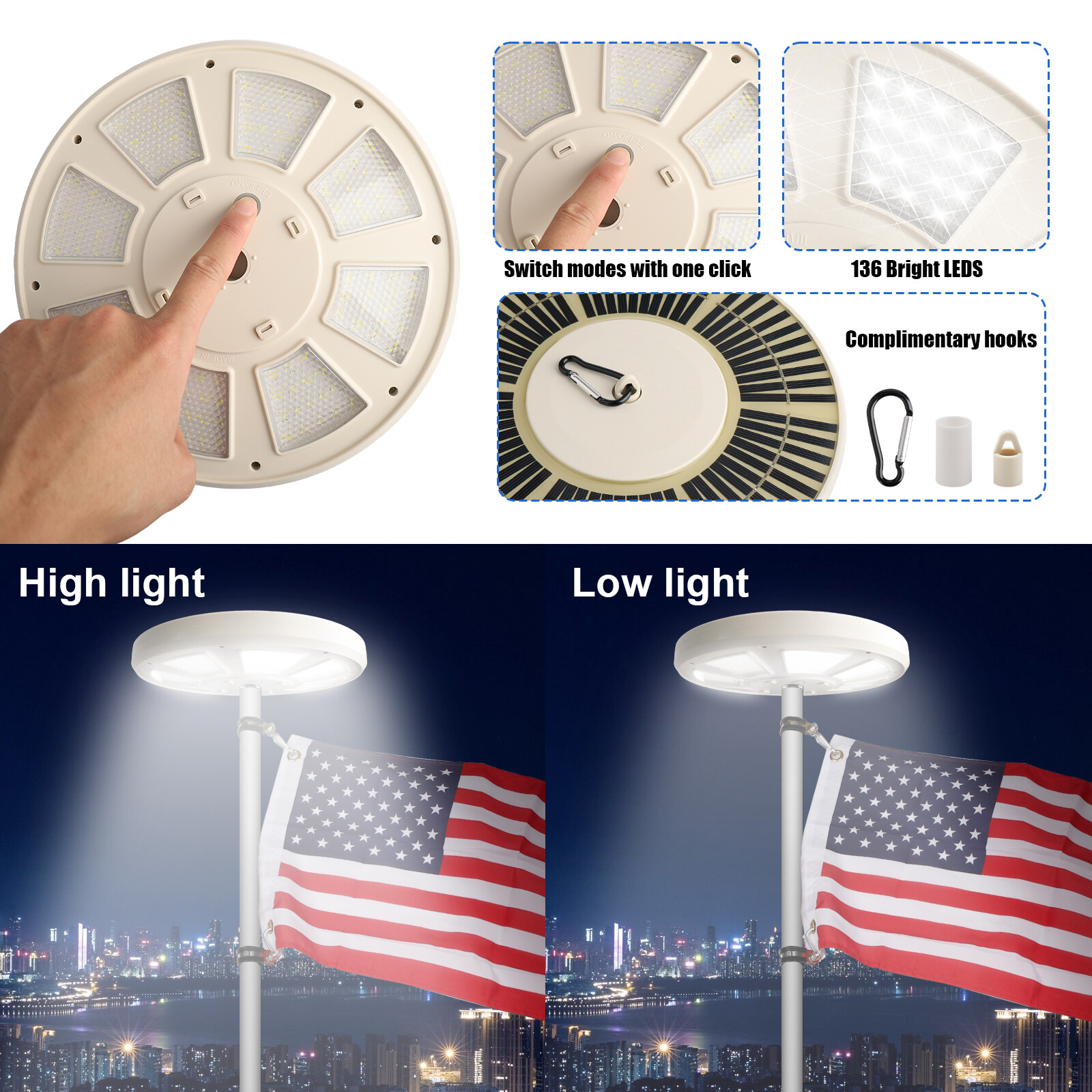 136 LED Solar Flag Pole Light New Super Bright Solar Powered Light Waterproof US