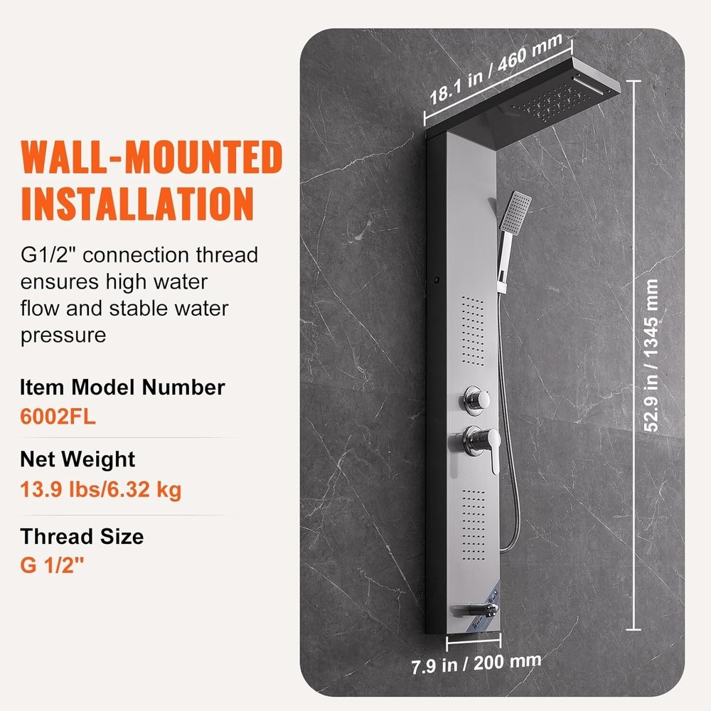 Shower Panel System, , LED Shower Panel Tower, Rainfall, Waterfall, 2 Body Ma...