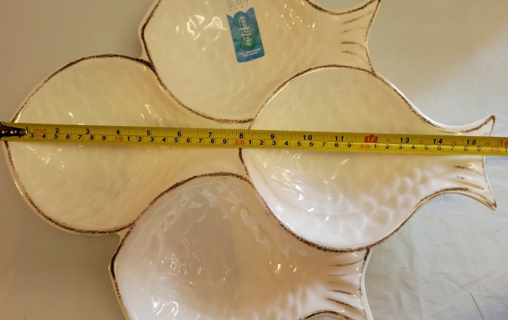 Sigrid Olsen Fish Shaped Ivory Brown Melamine Divided Appetizer Serving Platter