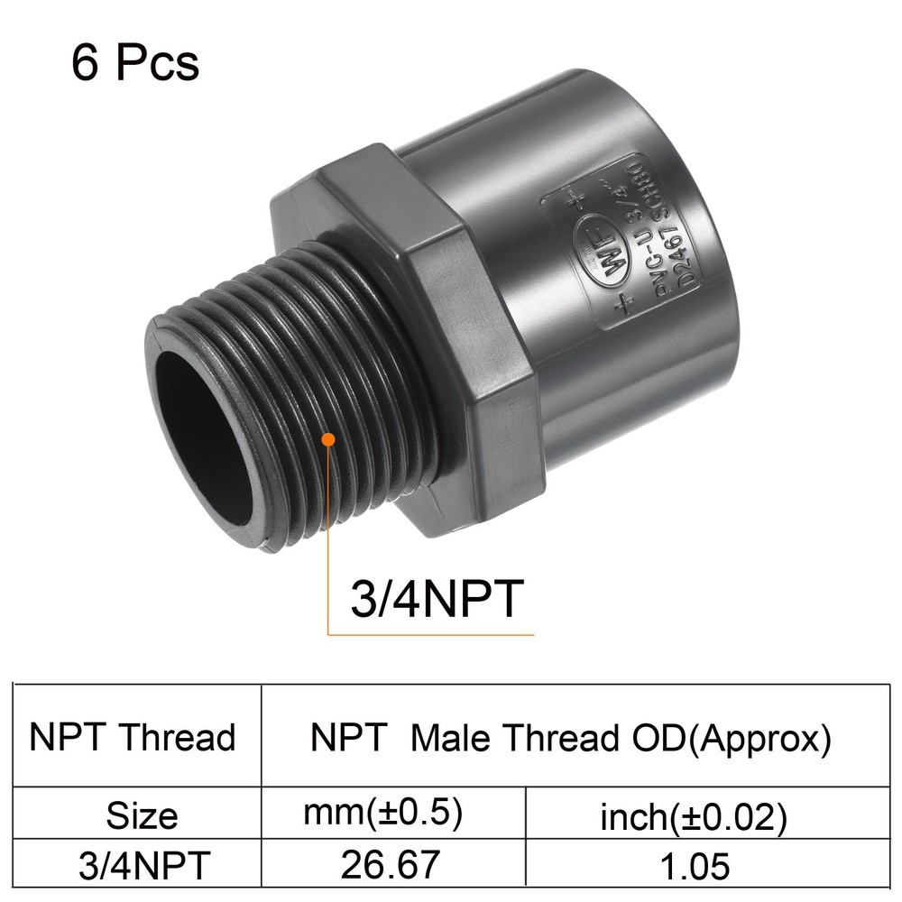 6PcsPipe Fitting 3/4NPT Male Thread 3/4" Socket Straight Connector Gray