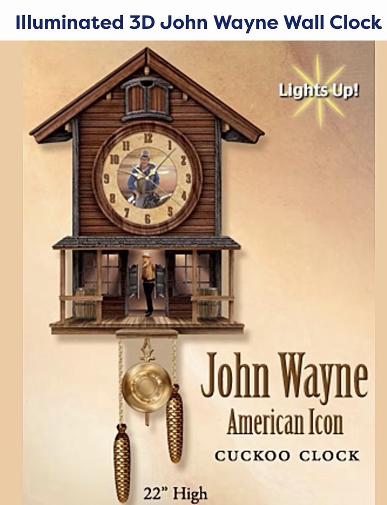 John Wayne Western Legend Cuckoo Clock Illuminated 3D Wall Clock 22” Works