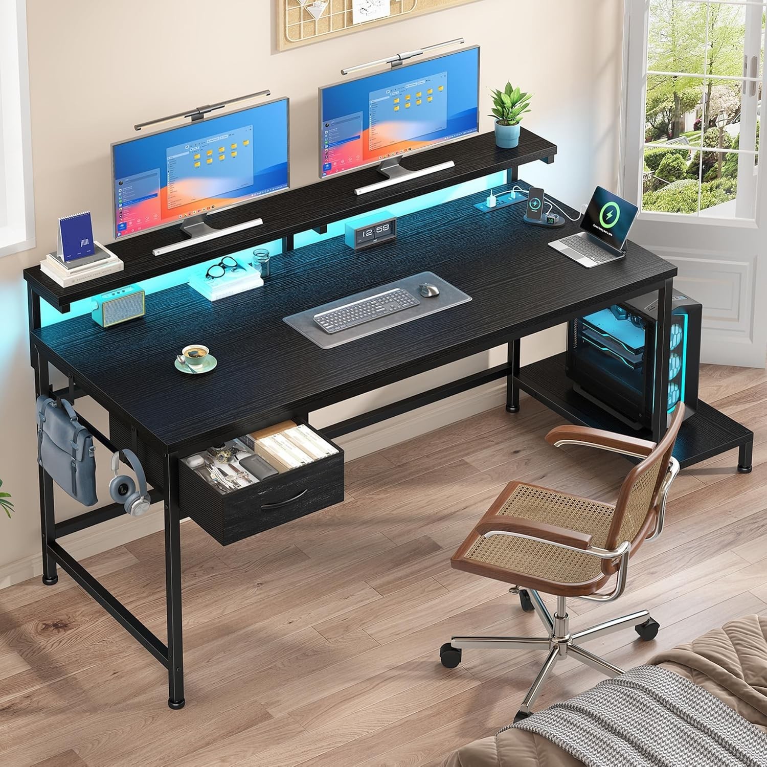 39.3Inch Office Desk with Power Outlet & Drawer, Gaming Desk with CPU Stand& LED