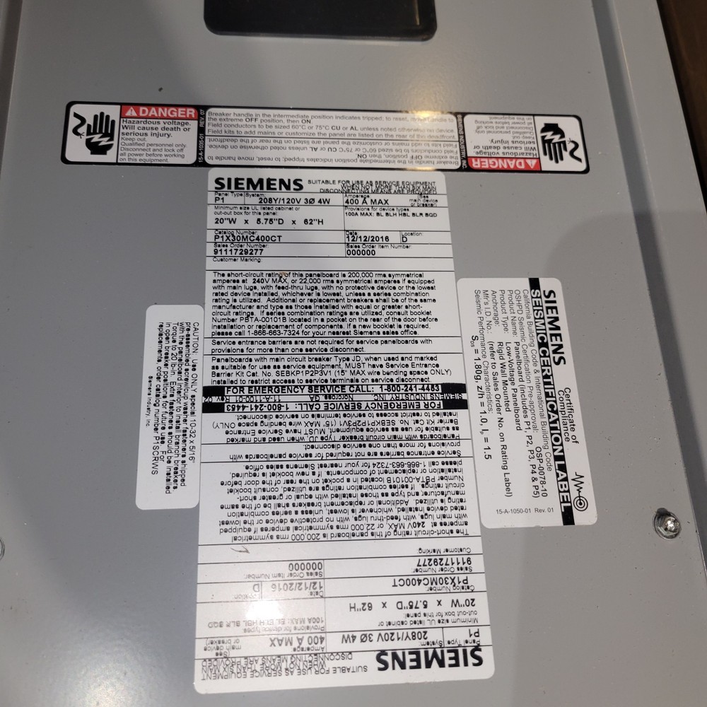 Siemens P1X30MC400CT 400A 208Y/120V Panel Board Interior Breakers Included