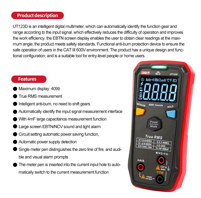 UT123D True RMS NCV DC AC Ohm Cap Live Wire Test Smart Digital Multimeter Tool