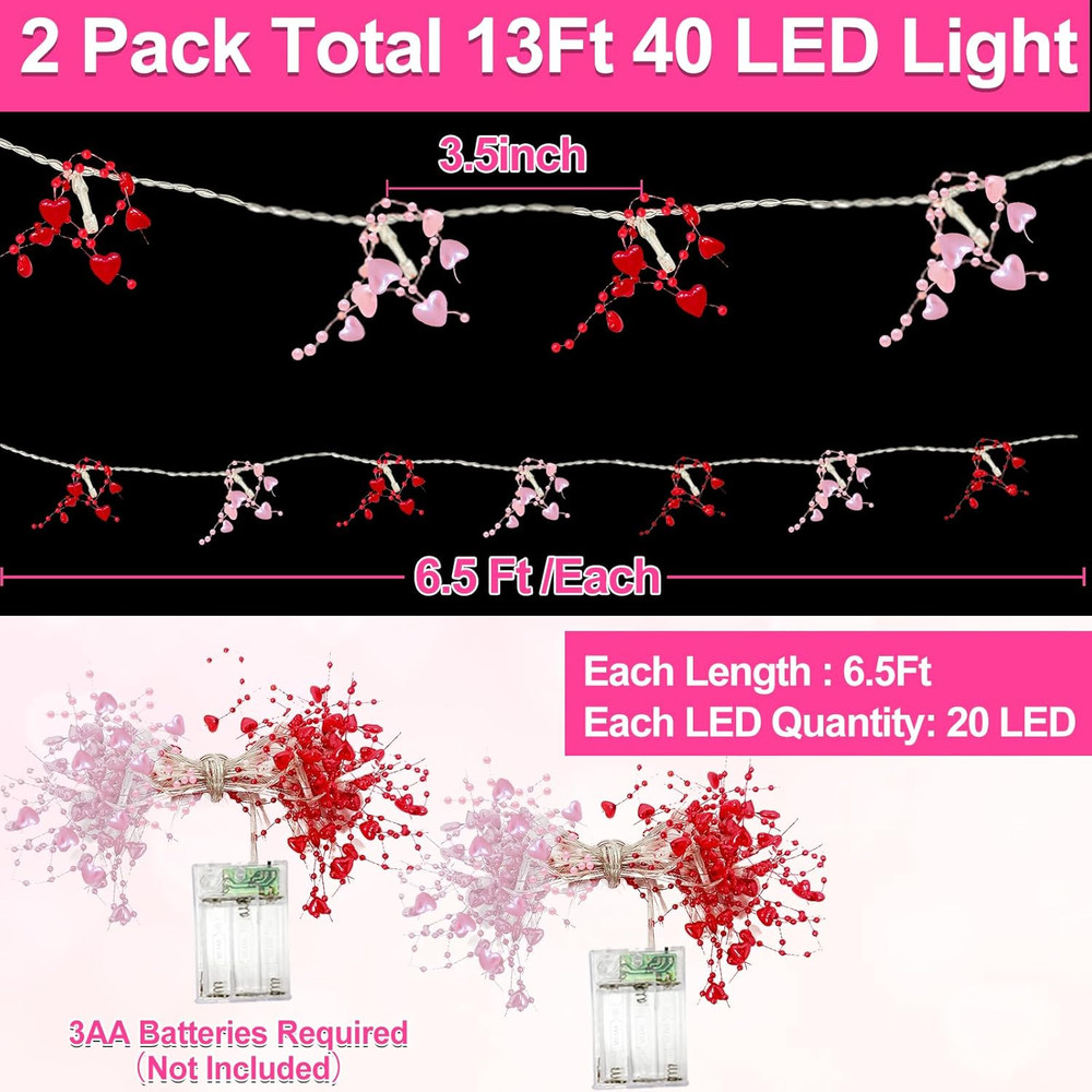 [Timer] 2 Pack 2 Total 13Ft 40LED Valentines Day Lights, Pink and Red