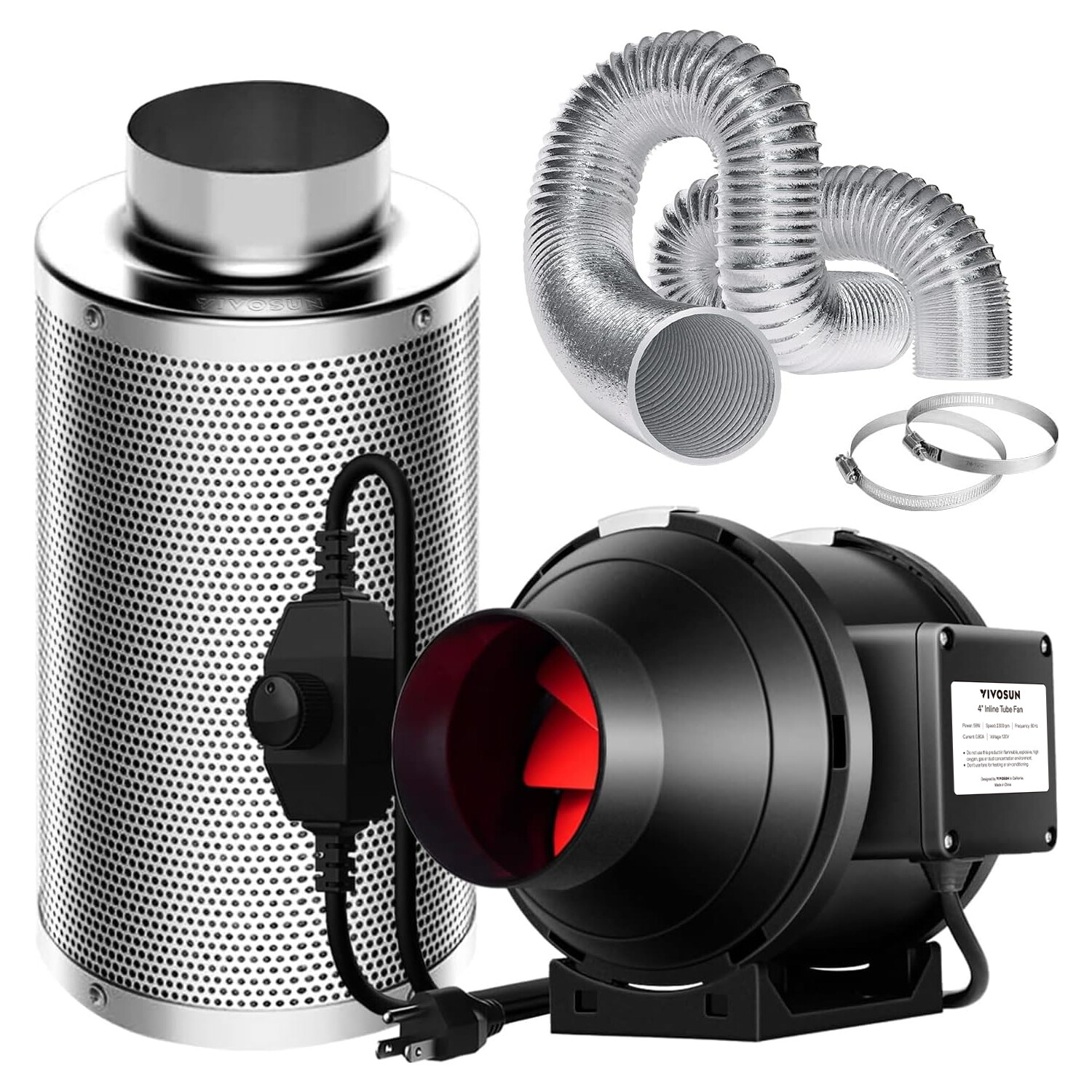 VIVOSUN 4" Inline Fan Kit w/ Carbon Filter & 8ft Ducting for Growing Ventilation