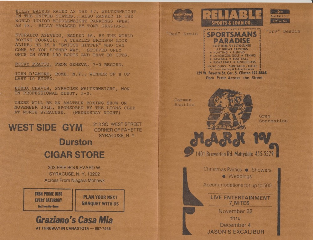 BILLY BACKUS vs. EVERALDO AZEVEDO OFFICIAL ONSITE BOXING PROGRAM 11-19-77