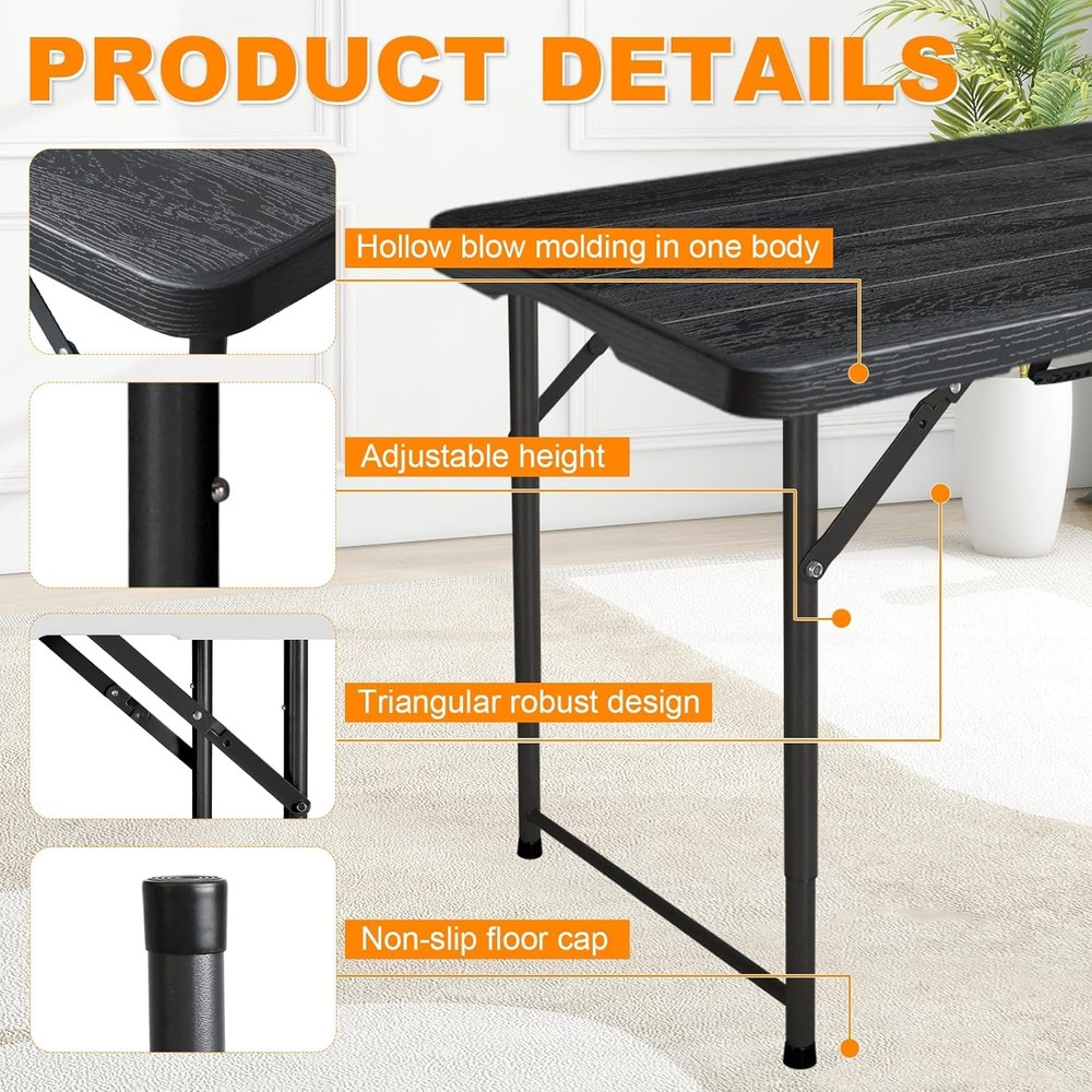 4ft Folding Table, Portable Fold-in-Half Adjustable Height Utility Table for Ind