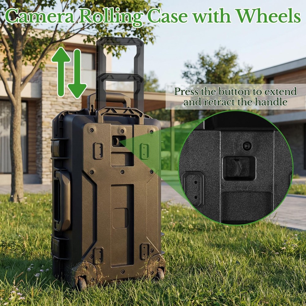 Rolling Hard Camera Case with Wheels, Large, Black, Solid, 22"L x 14"W x 9"H