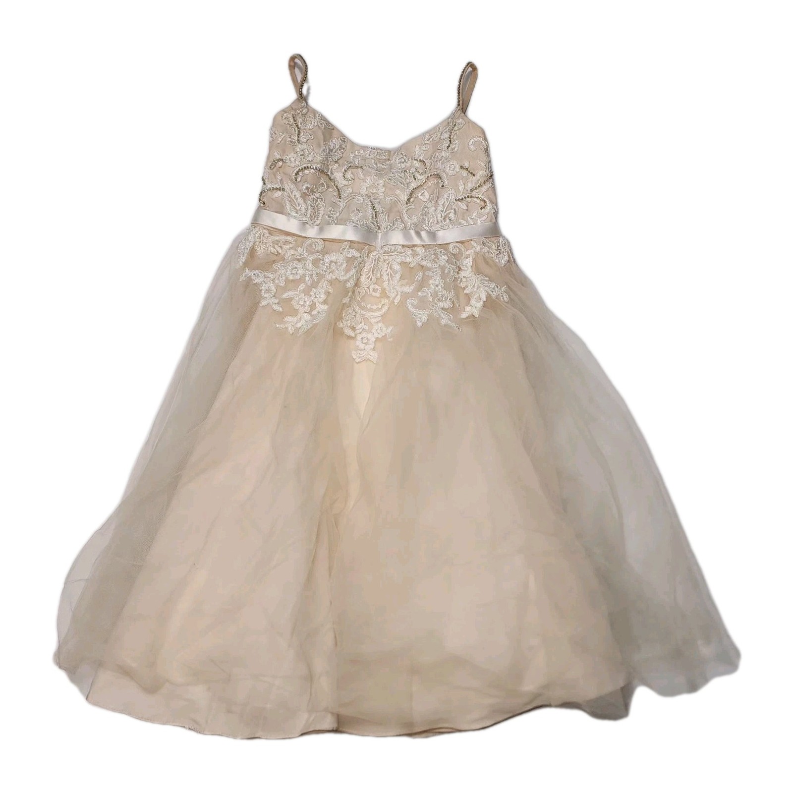 $180 Davids Bridal Ivory Floral Applique Spaghetti Strap Flower Girl Dress Sz 4