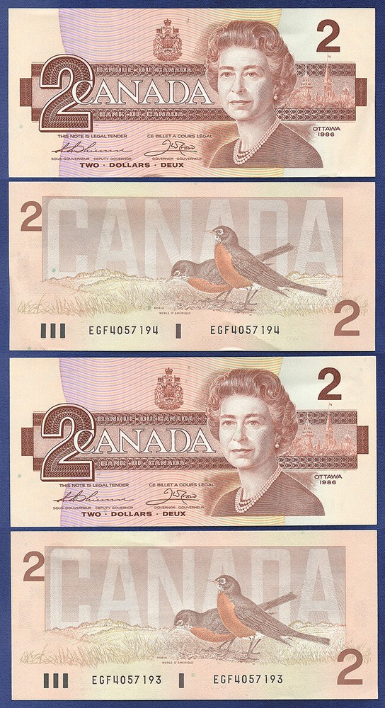 CANADA 2 DOLLARS 1986 UNC 2 CONSECUTIVE NOTES EGF Queen Elizabeth II QEI