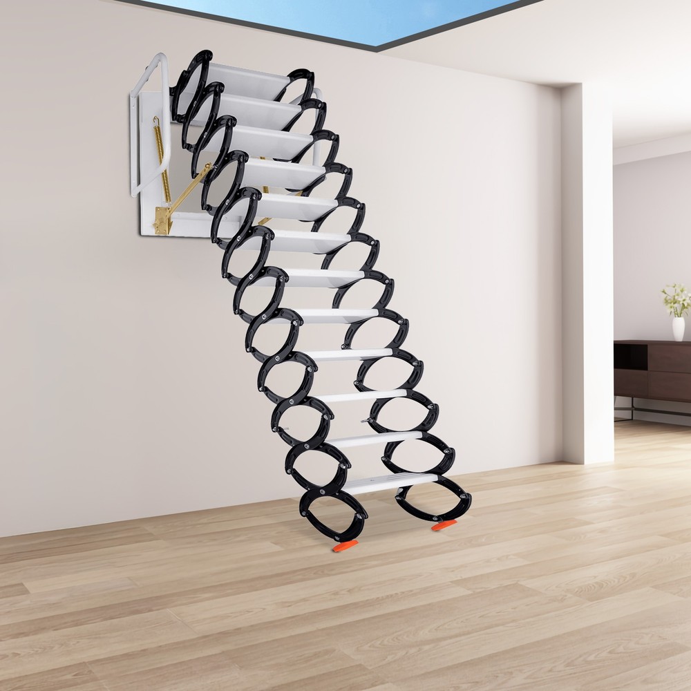 12 Steps Wall Mounted Folding Ladder Loft Stairs White Attic Steps Pull Down US