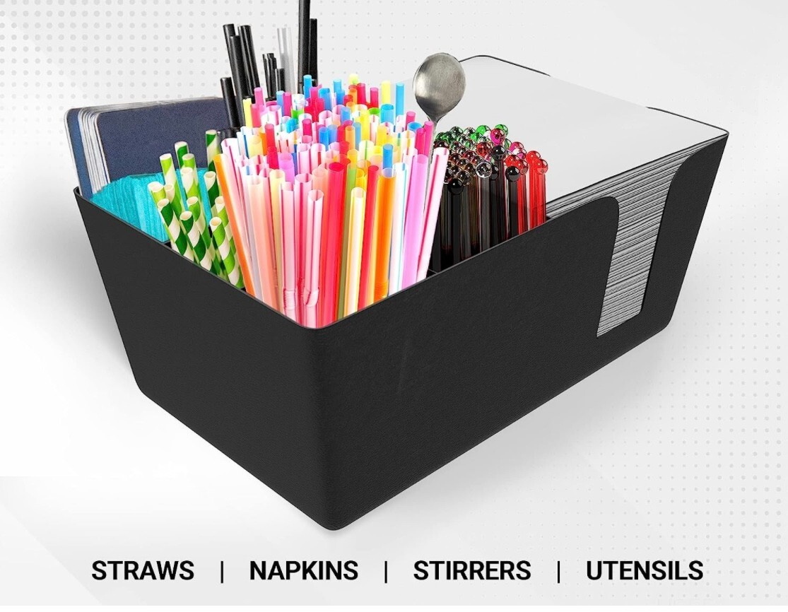 Black Plastic Bar Caddy Utensil Caddy/Holder for Napkin & Straw 6 Compartments