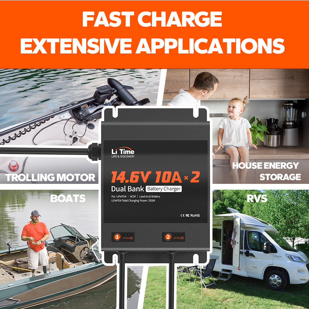 LiTime 2 Bank 12V(14.6V) 10A Smart Battery Charger for LiFePO4 Lithium Lead Acid