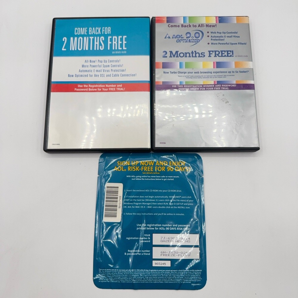 Vintage AOL Running Man CD Sealed Foil Pack & 2 9.0 Optimized Empty Cases Lot