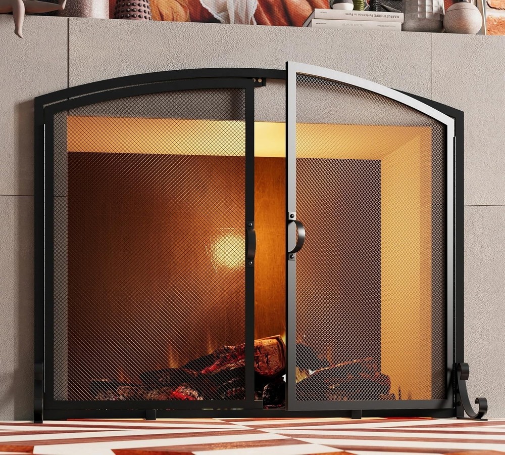 Fire Beauty 2-Pannel Fireplace Screen with Doors, Handcrafted Solid Mesh,Stable