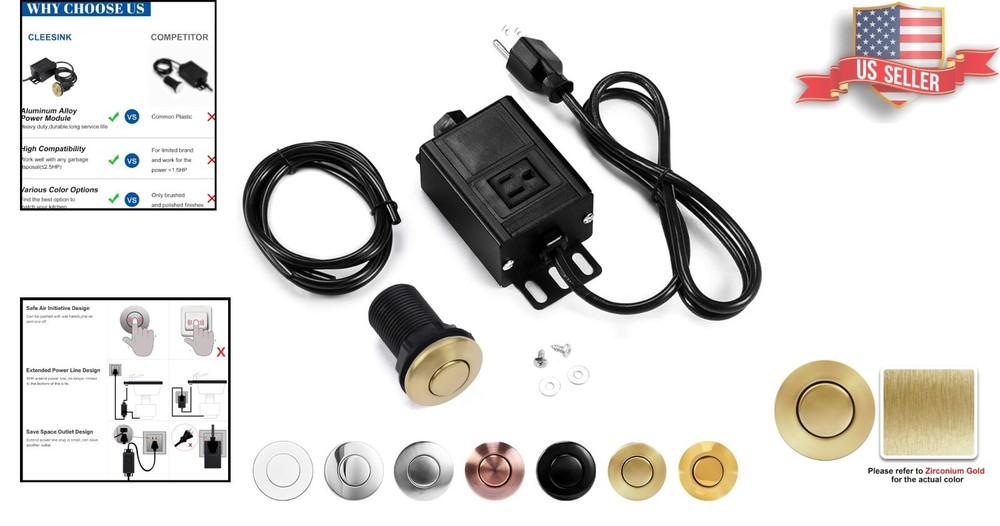 2" Brushed Gold Push Button Disposal Air Switch - Elegant Aluminum Power Module