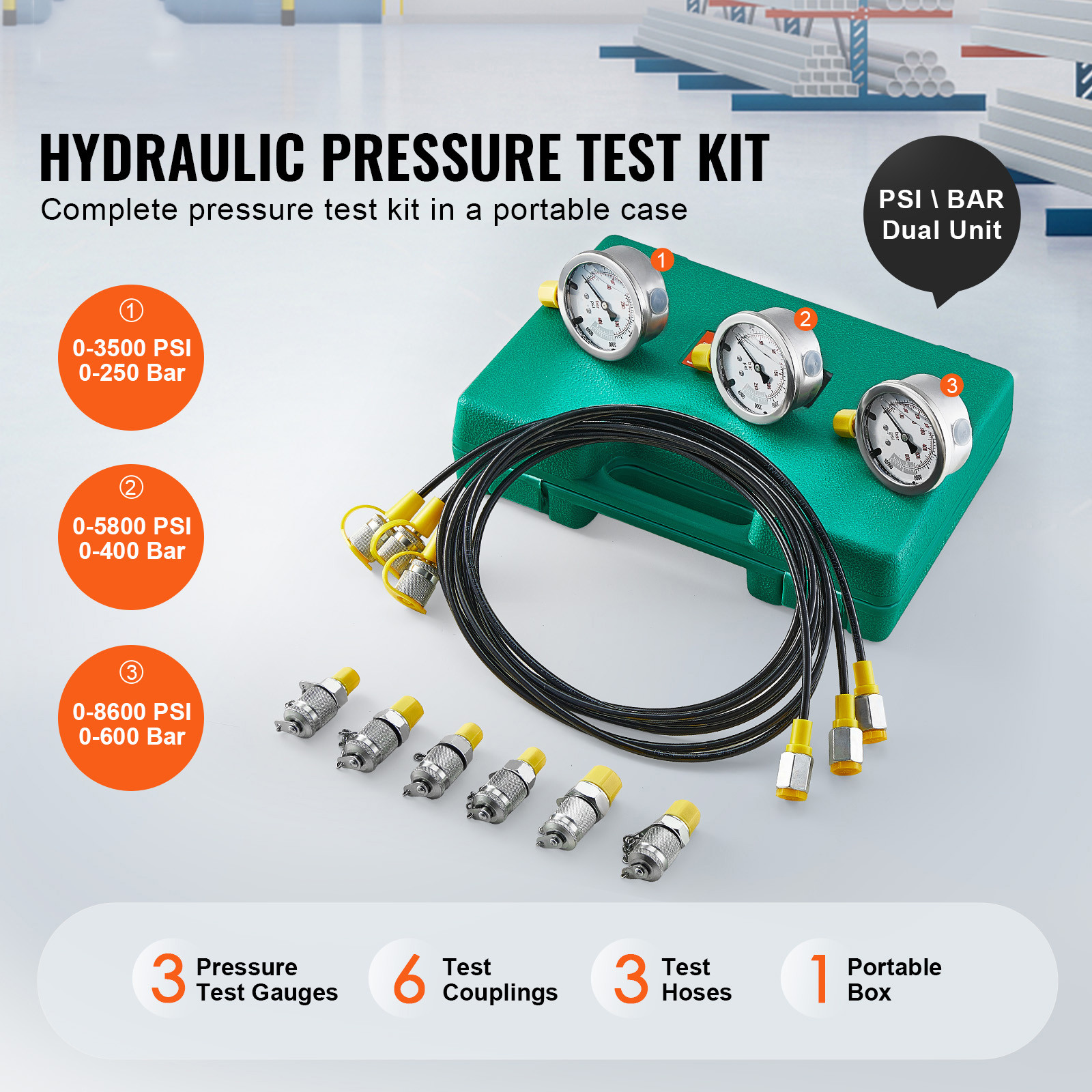 Hydraulic Pressure Test Kit 3 Gauges 6 Test Couplings 3 Test Hoses Case