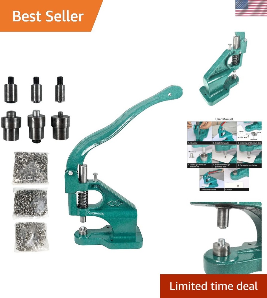 Hand Press Heavy Duty Eyelet Grommet Machine Punch Tool Kit with 3 Dies and 1...