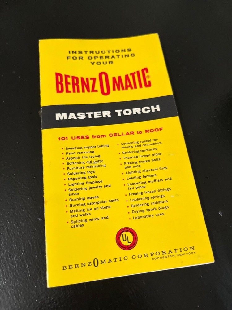 BERNZOMATIC CORPORATION MASTER TORCH OPERATING INSTRUCTIONS ORIGINAL JB117