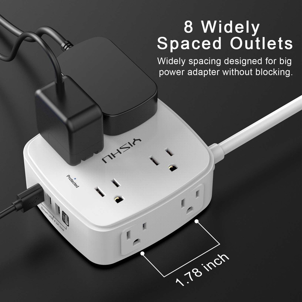6FT Surge Protector Power Strip - 8 Outlets, 4 USB, Flat Plug, Wall Mountable