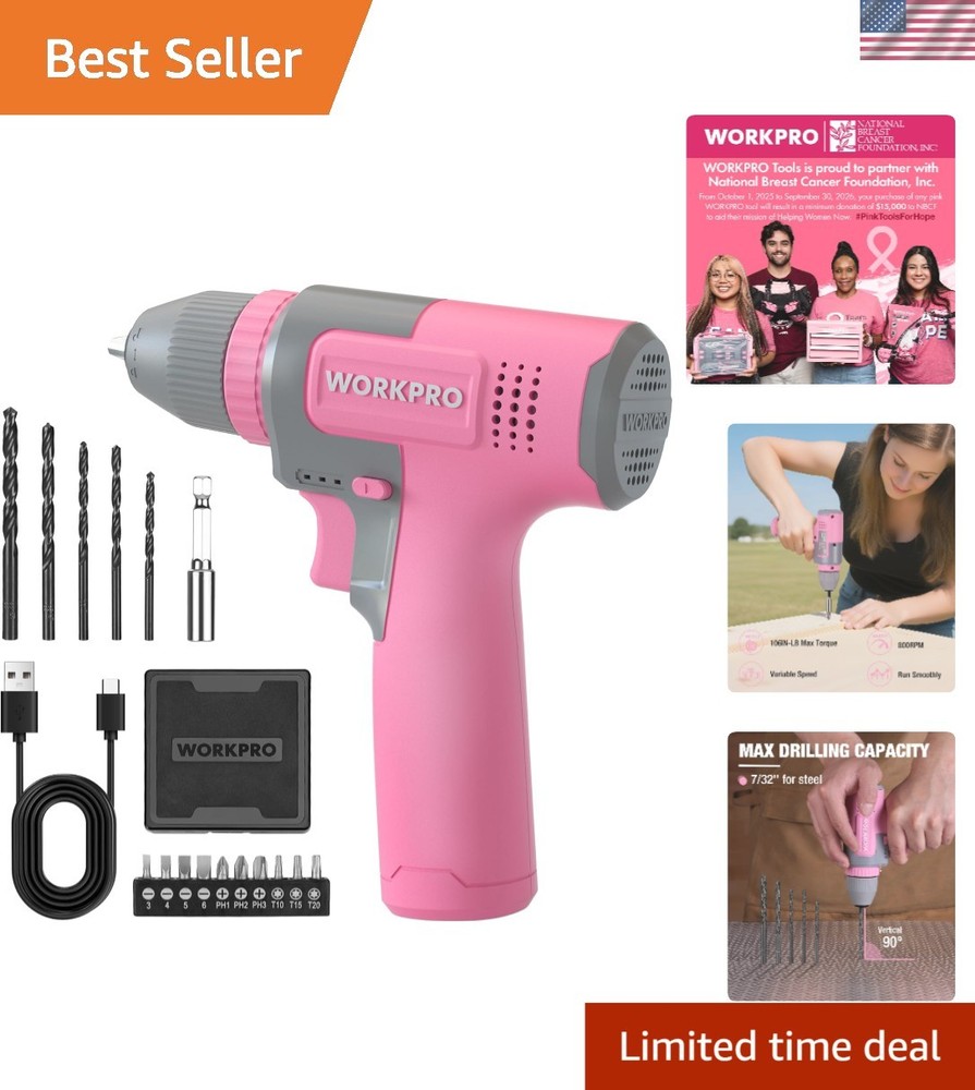 Stylish Pink Cordless Power Drill - Variable Speed with Keyless Chuck & 15 Bits