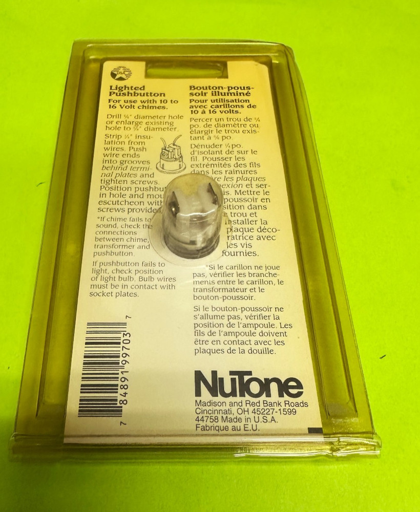 NUTONE PB-29LWH CLASSIC STYLE LIGHTED DOORBELL PUSH BUTTON WHITE SOLID BRASS